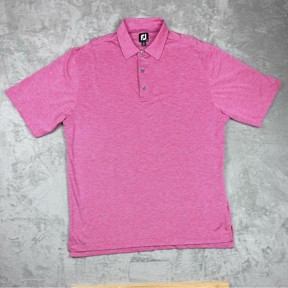 FootJoy Mens XLarge Pink With Blue Stripes Performance Golf Polo Shirt FJ GUC